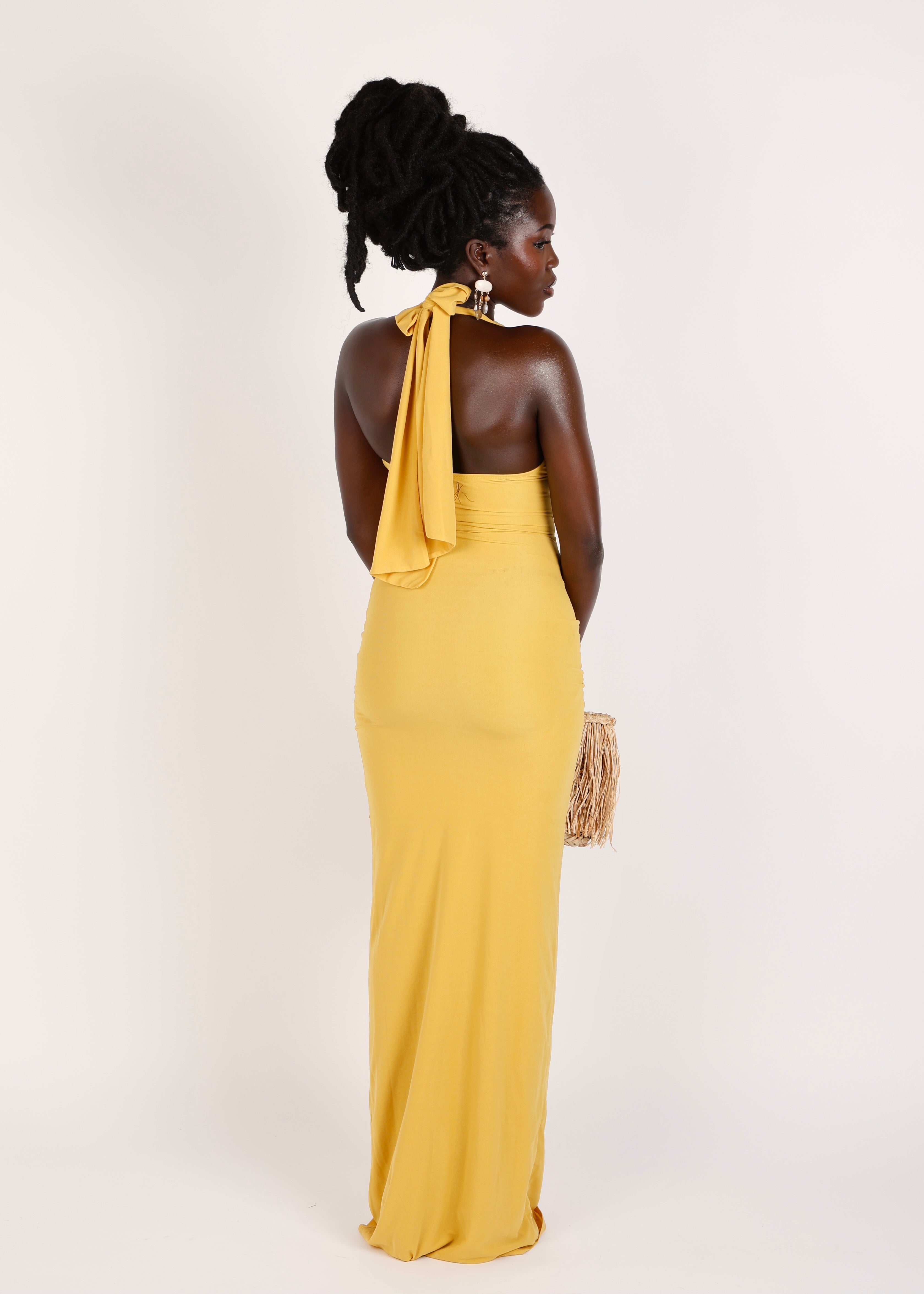 Backless Halterneck Tie Maxi Dress - 'Nyla' | Mustard Yellow