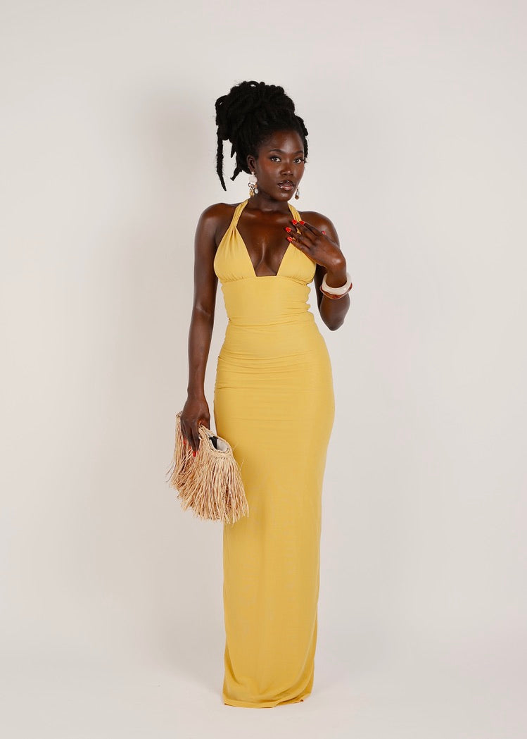 Backless Halterneck Tie Maxi Dress - 'Nyla' | Mustard Yellow