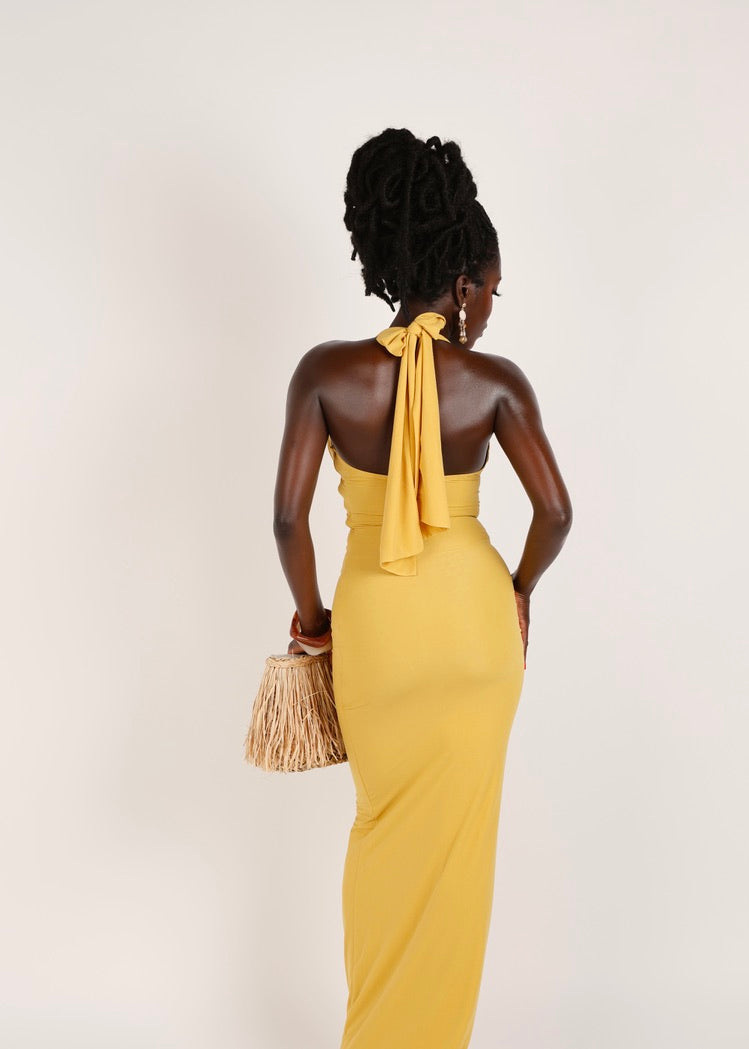 Backless Halterneck Tie Maxi Dress - 'Nyla' | Mustard Yellow