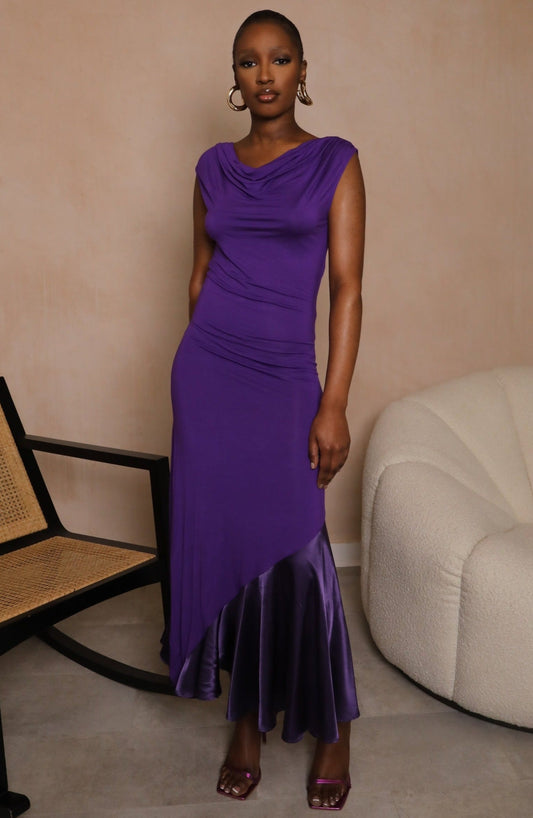 Sexy, Elegant, Impactful - 'JUSTINE'- Purple Drape Backless Satin Cut Dress